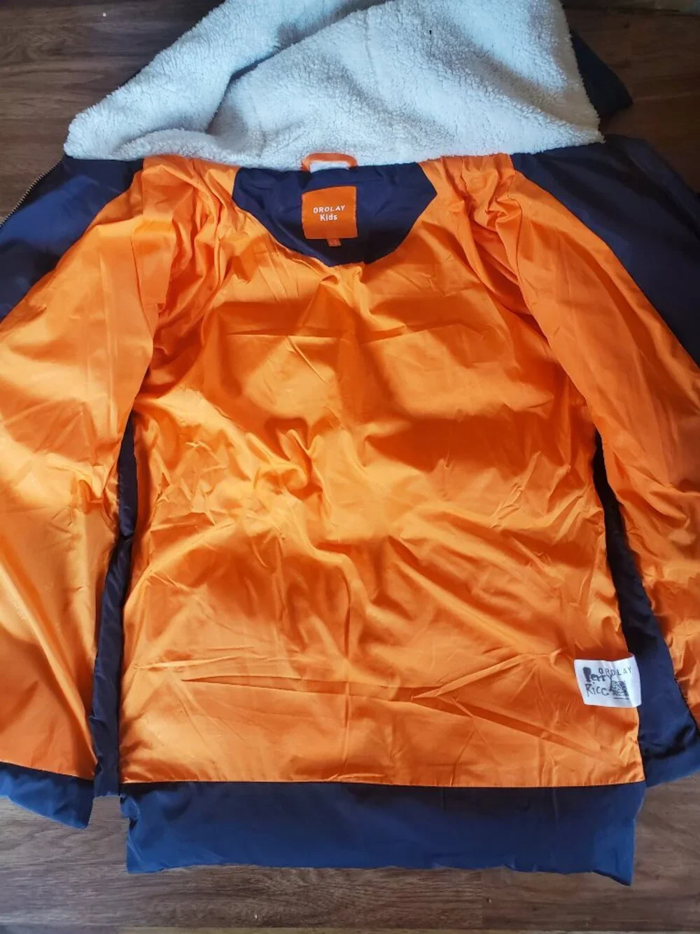 Orolay Kids Down Coat Size 150 11-12Y Navy Blue Puffer Jacket Fleece Hood
